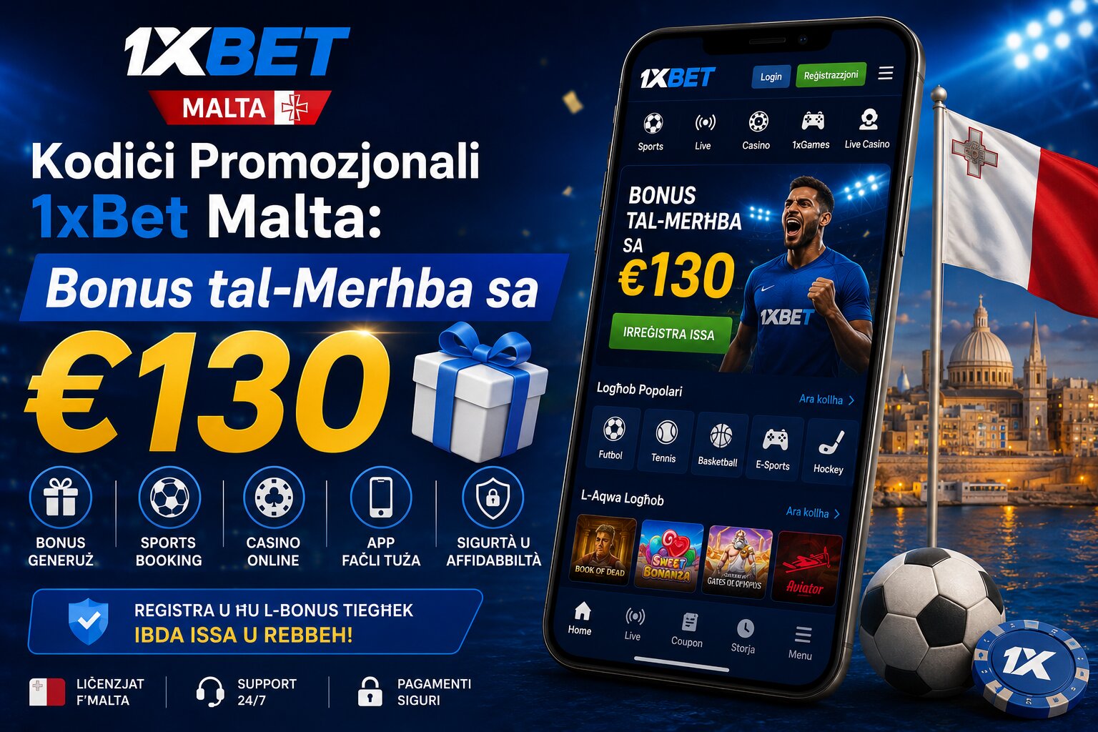 Pjattaforma 1xBet Malta b'kodiċi promozionali u bonus